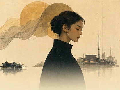 Naomi Koga illustrated below layered amber circles and a small temple skyline.